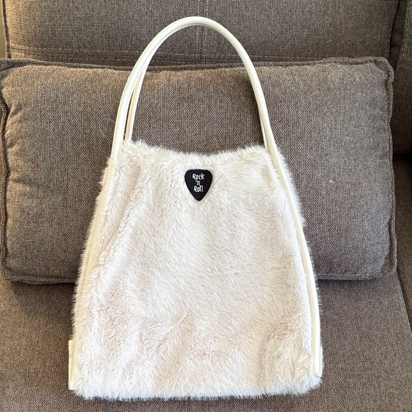 Cream Faux Fur Shoulder Bag with Rock 'n' Roll Heart Patch